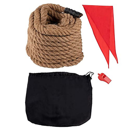 BLUE PANDA Field Day Tug of War Rope - 50 ft Brown Jute - Team Building Activity & Summer Camp Outdoor Rope with Flag & Whistle for Relay Race, Sack