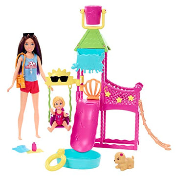 Barbie Skipper First Jobs Playset, Doll, Water Park with Functional Water Slide, Squirting Puppy and Over 5 Accessories, Child Toy, for Ages 3 and Up