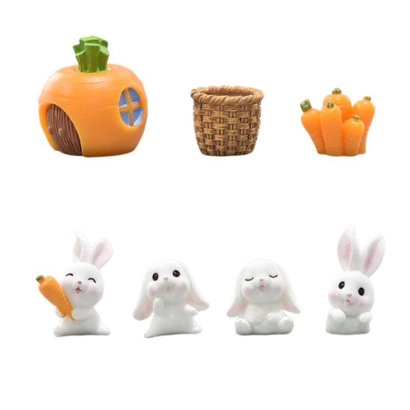 CCUUHJ 7 Pcs Bunny Kit Resin Miniature Figurines Fairy Garden Accessories,Mini Straw Basket Carraot Figures Rabbit Ornaments for Easter Egg Fillers
