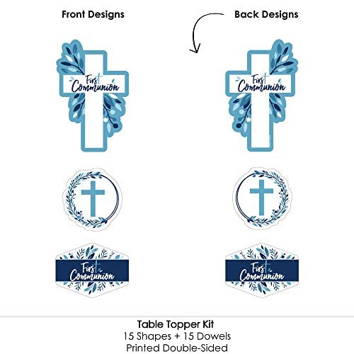 Big Dot of Happiness First Communion Blue Elegant Cross - Boy Religious Party Centerpiece Sticks - Table Toppers - Set of 15