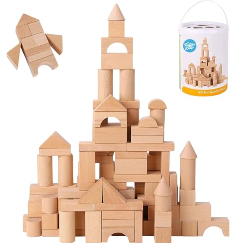 Pidoko Kids Wooden Blocks - 100 Pcs - Building Blocks for Toddlers - Includes Storage Container with Shape Sorter Lid - Natural Beech Wood Blocks