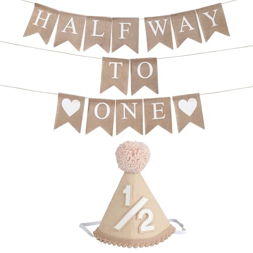 6 Months Beige Half Birthday Decorations With Half Way To One Banner And 1/2 Bir-thday Hat For Six Months Ha-Lf Year BD Decor-ations Boy Girls