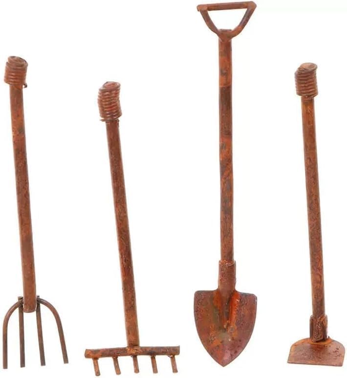 4 Pcs Miniature Dollhouse Garden Tools 1:12 Mini Rusty Shovel Hoe and Pitchfork Fairy Garden Accessories Furniture Ornaments Micro Landscape Decor