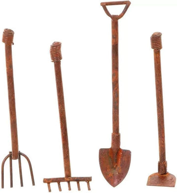 4 Pcs Miniature Dollhouse Garden Tools 1:12 Mini Rusty Shovel Hoe and Pitchfork Fairy Garden Accessories Furniture Ornaments Micro Landscape Decor