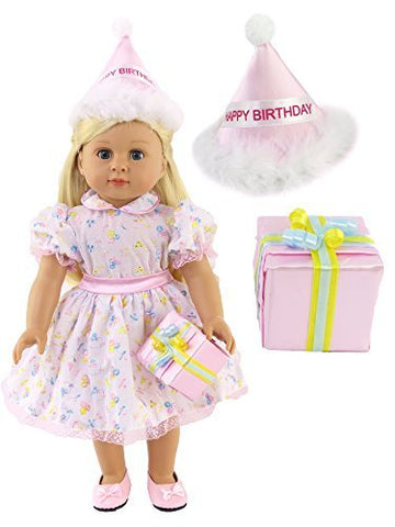 American Fashion World Birthday Girl Outfit for 18Inch Dolls | Party Hat, Dress, Present