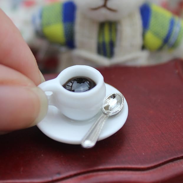 SXFSE Dollhouse Decoration Accessories, 1:12 Dollhouse Miniature Scene Model Coffee Cups with Spoon (2 PCS, 14 x 22mm)