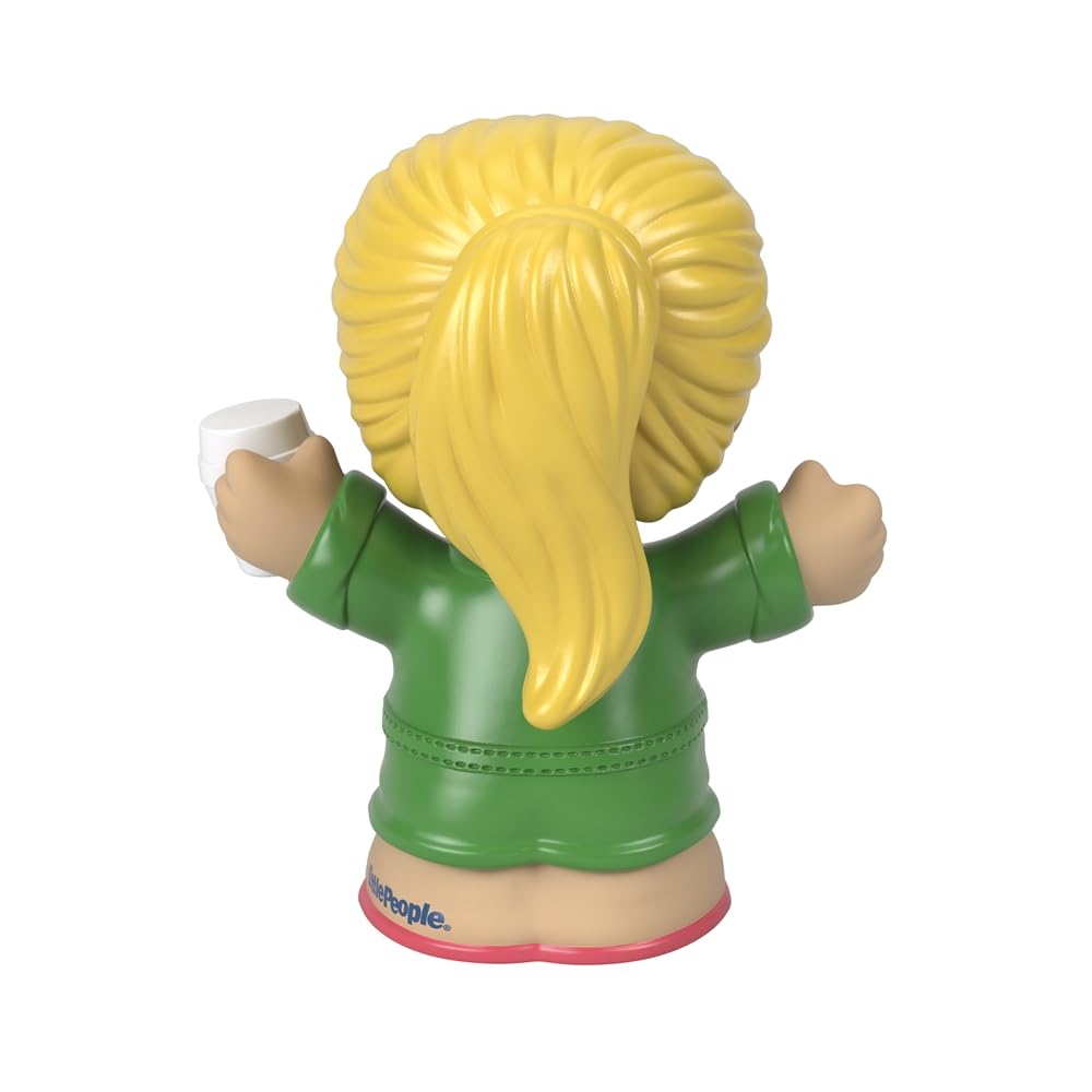 Fisher-Price Little-People Figure - HCG95 ~ Coffee Shop Customer with Long Blonde Ponytail, Dressed in Green and Holding Coffee Cup ~ Works Great with