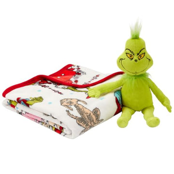 Dr. Seuss The Grinch Holiday & Christmas Kids Bedding Super Soft Plush Pillow and Throw 2 Piece Set, 40 in x 50 in (Officially Licensed Product) By