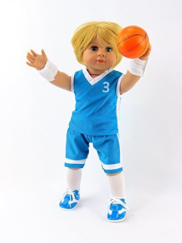 American Fashion World Boy’s Blue Basketball Uniform for 18-Inch Dolls | Accessories Included | Premium Quality & Trendy Design | Dolls Clothes |