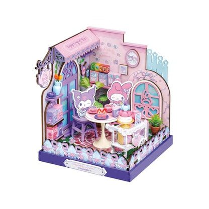 Hands Craft My Melody & Kuromi Tea Party Miniature House Kit - Kawaii 3D Puzzle with Tiny Tea Cups & Cake - DIY Wooden Craft Kit for Bedroom or
