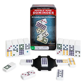 Continuum Games Family Traditions Double 9 Dominoes - 55 Piece Set in Storage Tin, Crystalline Dominoes for Kids and Adults, Classic Game Night
