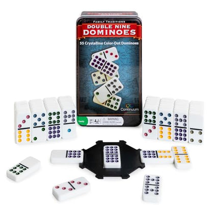Continuum Games Family Traditions Double 9 Dominoes - 55 Piece Set in Storage Tin, Crystalline Dominoes for Kids and Adults, Classic Game Night
