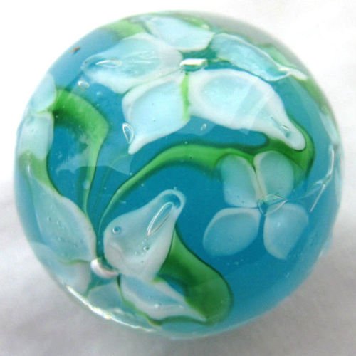 Big Game Toys~22mm (7/8") Hibiscus Hand Made Art Glass Marble w/Stand Turquoise/Blue/White Flower