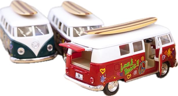 KiNSMART 1962 Volkswagen Classic Bus With Surfboard and Hippy Decals Bus 1:32 Scale 5 Inch Die Cast Metal Model Toy Van, Pullback Acation (1 At