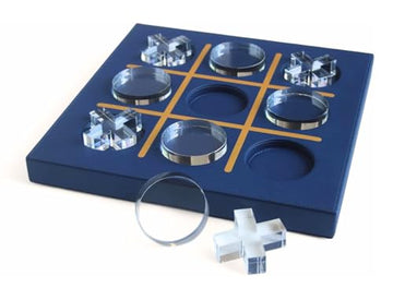 Modern Tic Tac Toe for Home Decoration with Blue Leather and Acrylic Pieces Decorative Table Top Housewarming Gift