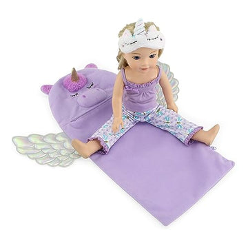 Emily Rose 14 & 14.5 Inch Doll 5-Piece PJ Sleepover Bundle | Lavender Dragonfly Pajamas, Unicorn Sleeping Bag, Eye Mask & Travel Storage Case | USA