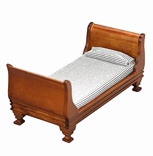 EatingBiting 1:12 Dollhouse Miniature Doll Furniture Vintage Wooden Single Bed Stripe Bedding