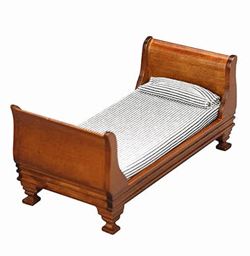 EatingBiting 1:12 Dollhouse Miniature Doll Furniture Vintage Wooden Single Bed Stripe Bedding