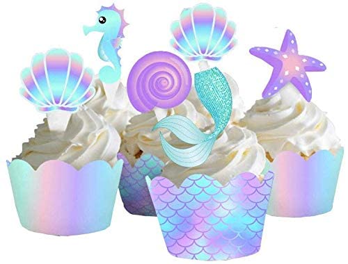 YOMINY Mermaid Cupcake Toppers and Wrappers, 40 pcs Double Side Little Mermaid Theme Decoration,Under The Sea Theme, Baby Shower Birthday Party Favor
