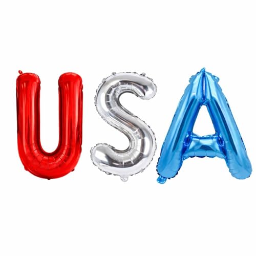 Dream Decor USA Balloon Letters - 40 Inch Patriotic Foil Letter Balloons (U Red, S Silver, A Blue) with Ribbon & Inflation Straw - 4th of July