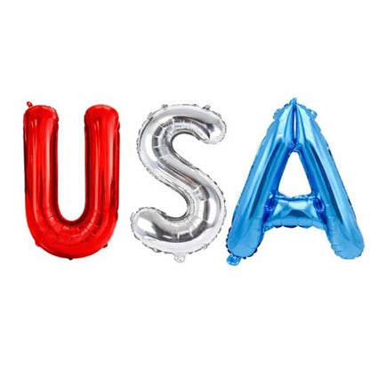 Dream Decor USA Balloon Letters - 40 Inch Patriotic Foil Letter Balloons (U Red, S Silver, A Blue) with Ribbon & Inflation Straw - 4th of July