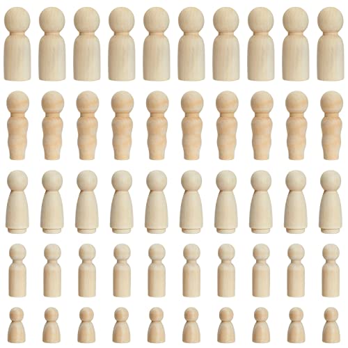 Juvale Unfinished Wooden Peg People - 50-Piece Set, 5 Sizes & Natural Wood - DIY Painting Peg Dolls & Wooden Doll House People - Family Constellations