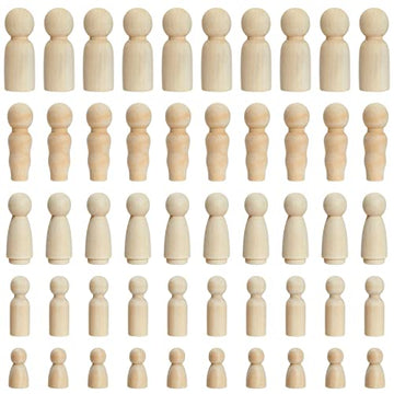 Juvale Unfinished Wooden Peg People - 50-Piece Set, 5 Sizes & Natural Wood - DIY Painting Peg Dolls & Wooden Doll House People - Family Constellations