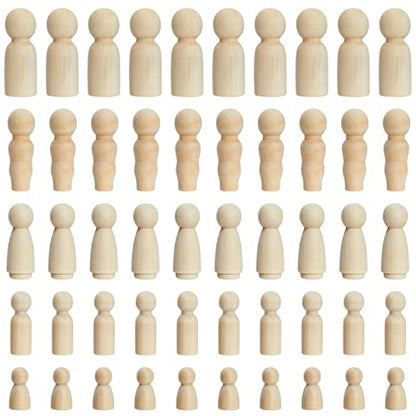 Juvale Unfinished Wooden Peg People - 50-Piece Set, 5 Sizes & Natural Wood - DIY Painting Peg Dolls & Wooden Doll House People - Family Constellations