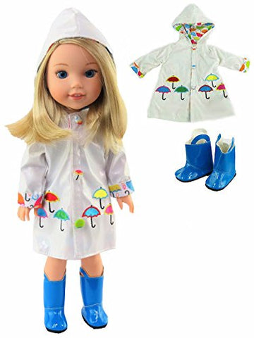 American Fashion World White Raincoat with Electric Blue Rain Boots for 14-Inch Dolls | Premium Quality & Trendy Design