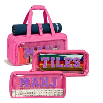 3pcs Empty Mahjong Bag, American Mahjong Set Bag for Tiles and Racks, Canvas Tote Bag with Mat Holder Magic Tape and Sewn Chenille Letter, Zippered