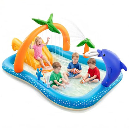 Inflatable Kids Pool, Kiddie Pool with Water Slide, Coconut Palm Sprinkler