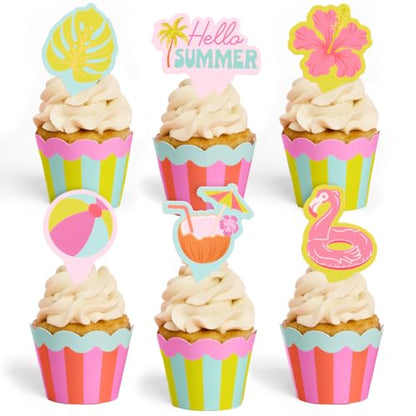 xo, Fetti Pool Party Cupcake Toppers and Wrappers - 24 Pc Set | Summer Birthday Decorations, Tropical Luau, Hawaiian Theme, Kids Party, Beach Ball