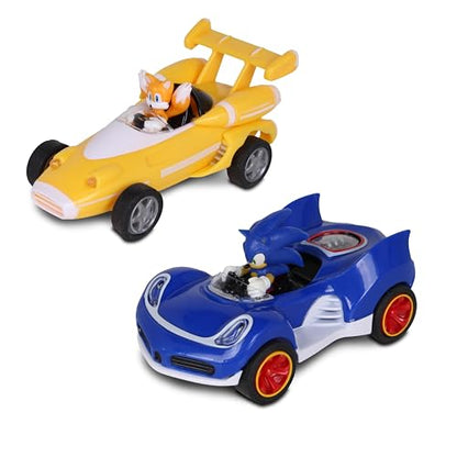 NKOK Sonic Transformed All-Stars Racing 2 Pack Pull Back Action: Tails and Sonic Hedgehog, Two Vehicles, Video Game Legends, No Batteries Required
