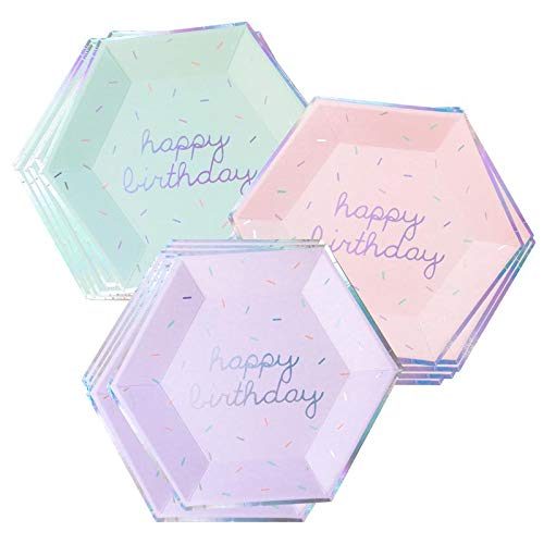 Harlow & Grey Sprinkles Party Plates and Napkins Set, 60-pc Pastel Happy Birthday Kit, Multi- Color Pack w/Pink, Teal, and Purple Disposable Paper