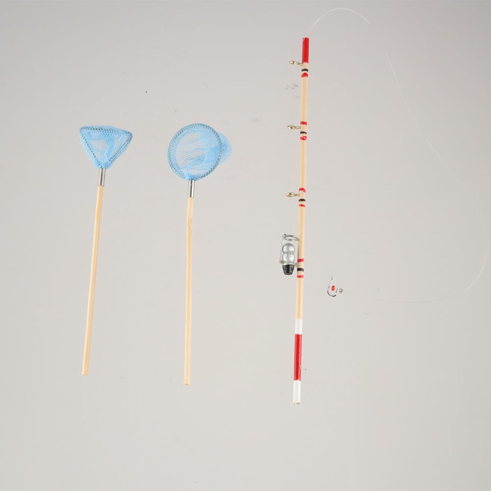 1/12 Miniature Fishing Pole and Nets Dollhouse Decoration Accessories Mini Fishing Rod Mini Fishing Net Miniature Garden Beach Pond Accessories