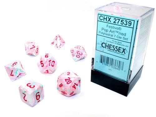 DND Dice Set - Chessex D&D Dice-16mm Festive: Pop Art & Red Limited Edition Plastic Polyhedral Dice Set-Dungeons and Dragons Dice Includes 7 Dice - D4