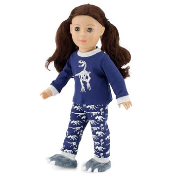 Emily Rose 18 Inch Doll Clothes - 3PC Blue Grey Dinosaur Doll Pajamas PJs Set with Slippers | American Girl Compatible | Gift Boxed - USA Brand