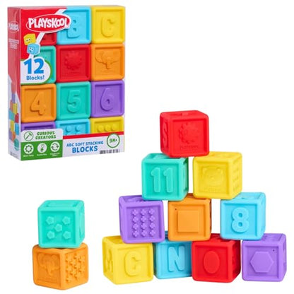 Playskool ABC Soft Stacking Blocks, Squishable Silicone, 12 Pack, for Ages 9 Months and Up, Motor Skills and Tactile Play