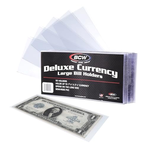 BCW Large Bill Deluxe Currency Holders - 50ct | Archival Safe Bill Protectors | High Clarity Double-Polished Clear Vinyl | for Collectors and