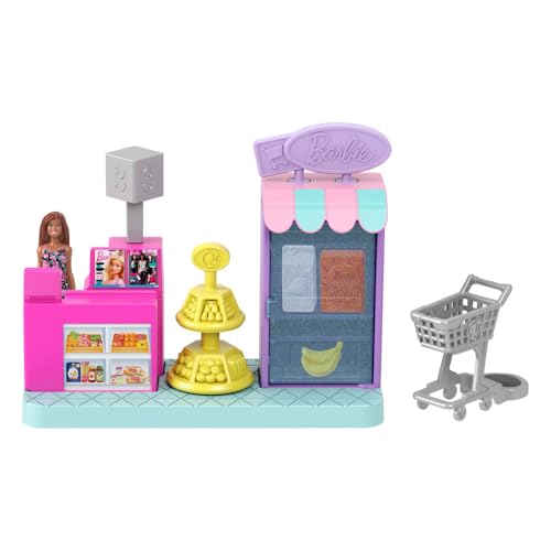 Barbie Mini BarbieLand Collectible Supermarket Playset with 1.5-Inch Doll, Product Shelves, Check Stand & Shopping Cart for Storytelling Play
