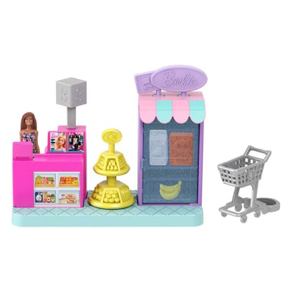 Barbie Mini BarbieLand Collectible Supermarket Playset with 1.5-Inch Doll, Product Shelves, Check Stand & Shopping Cart for Storytelling Play