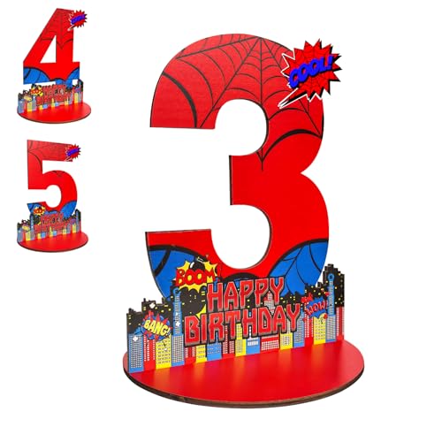 JHGCVX Spider 3rd Birthday Number Sign Centerpiece, Spider Theme 3rd Number Stand Sign, Wooden Table Decoration Photo Props for Spider 3rd Birthday