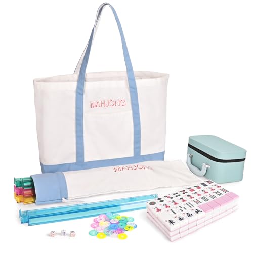 TheClouds American Mahjong Tile Set, 166 Pink Tiles (1.16"), 4 PC All-in-One Color Rack/Pushers, Canvas Storage Bag and Mahjong Accessories