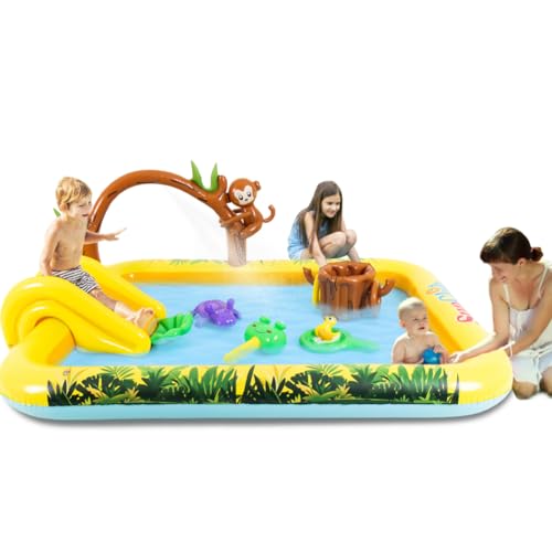 Inflatable Jungle Animal Play Center Outdoor Playhouse Inflatable Water Park with Kid Pool Slide, Sprinkler Toy with Base Pool, Monkey, Tree Stump