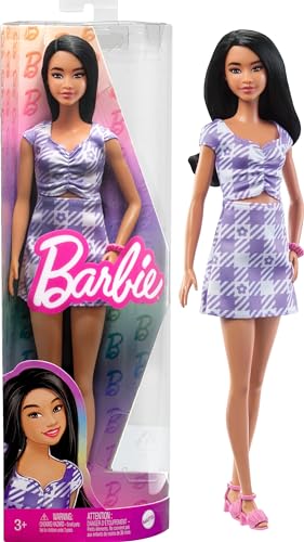 Barbie Fashionistas Doll #199, Curvy & Tall with Wavy Black Hair, Gingham Cut-Out Dress & Accessories, Including Shoes & Scrunchie-Style Bracelet