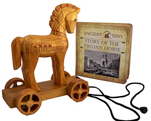 Johnny World - Ancient Toys - Wooden Trojan Horse Pull Toy with Hardcover Book! Teach Children About History Through Interactive Play