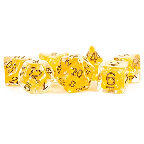 Citrine Pearl Resin Dice with Copper Colored Numbers 16mm (5/8in) 7 Dice Set