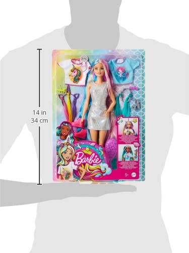 Barbie Fantasy Hair Doll, Blonde, with 2 Decorated Crowns, 2 Tops & Accessories for Mermaid and Unicorn Looks, Plus Hairstyling Pieces, for Kids 3 to