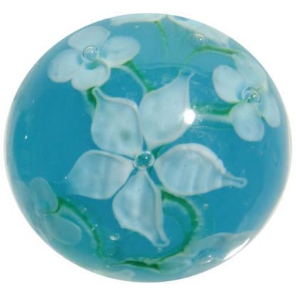 Big Game Toys~22mm (7/8") Hibiscus Hand Made Art Glass Marble w/Stand Turquoise/Blue/White Flower