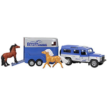 Breyer Horses Farms Land Rover and Tag-a-Long Trailer and Playset | Die Cast | 3.25” H x 10.5” L x 2.5” D | 2 Stablemates Horses Included | 1:32 Scale